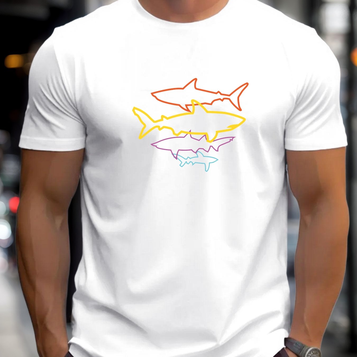 Yellow Summer Clothing - เสื้อยืดลายกราฟิกฉลามนีออนสำหรับผู้ชาย สีเหลืองสดใส แขนสั้น คอกลม ทรงปกติ เหมาะสำหรับใส่ไปชายหาด