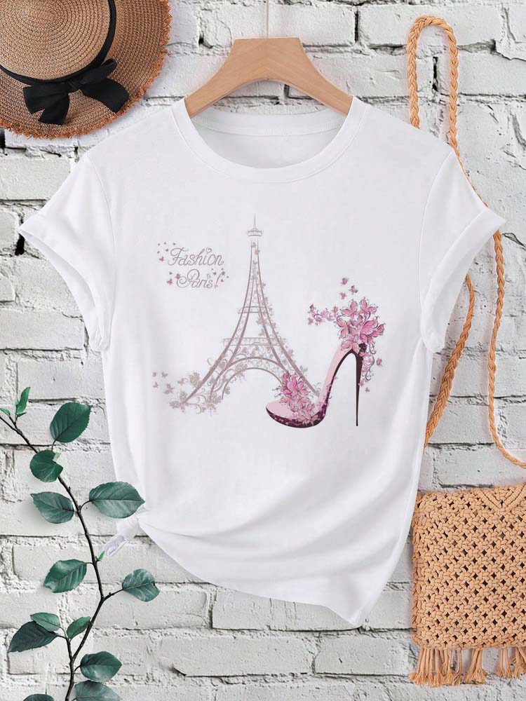 Summer Clothing In Paris - แฟชั่น Paris EIFFEL Tower พิมพ์ผู้หญิงเสื้อยืดแขนสั้นลูกเรือคอเสื้อลําลองสําหรับฤดูร้อนฤดูใบไม้ผลิเสื้อผ้าสตรี