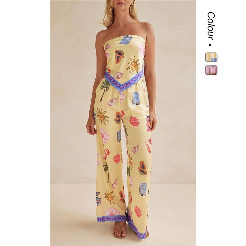 Yellow Summer Clothing - 25 ชุดแฟชั่นฤดูร้อนใหม่สุดเซ็กซี่พิมพ์ลายแบบไม่มีสายรัดไหล่ ขากว้าง - 68668 ชุดเดรสยาวฤดูร้อน