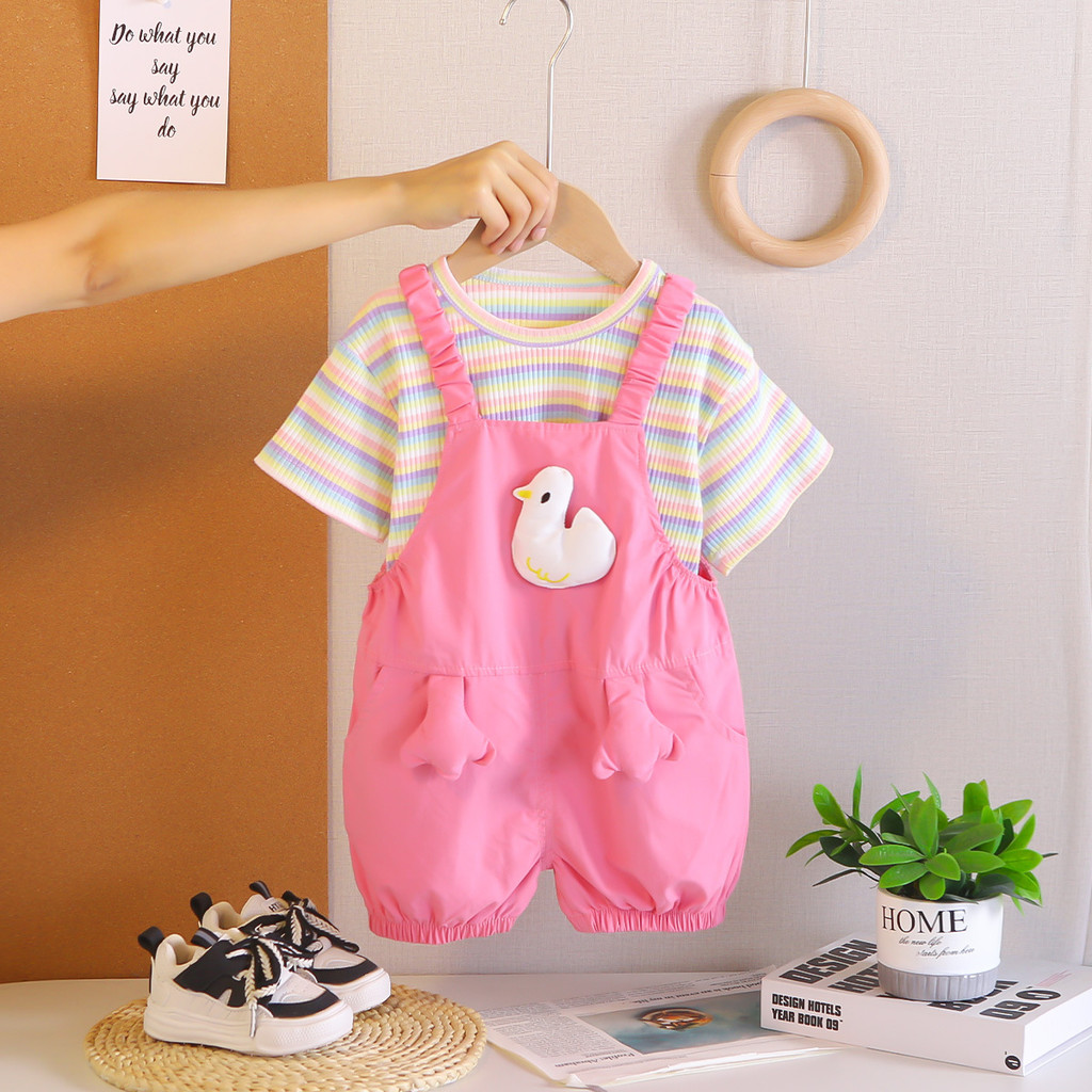 Summer Duck Clothing - ชุดเสื้อผ้าเด็กผู้หญิงวัยหัดเดิน เสื้อยืดลายทาง+กางเกงเอี๊ยมลายเป็ด 2 ชิ้น ชุดลำลองน่ารัก แฟชั่นเสื้อผ้าเด็ก
