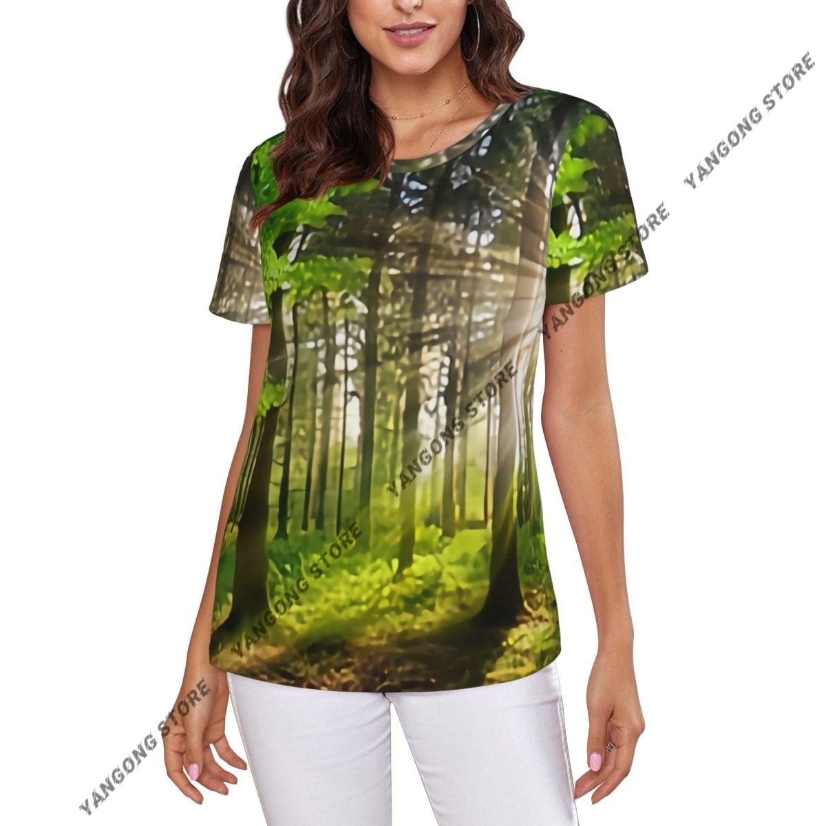 Summer Rays Clothing - สตรีแขนสั้น Panoramic ภูมิทัศน์รังสีแสงแดด Shining Forest Casual