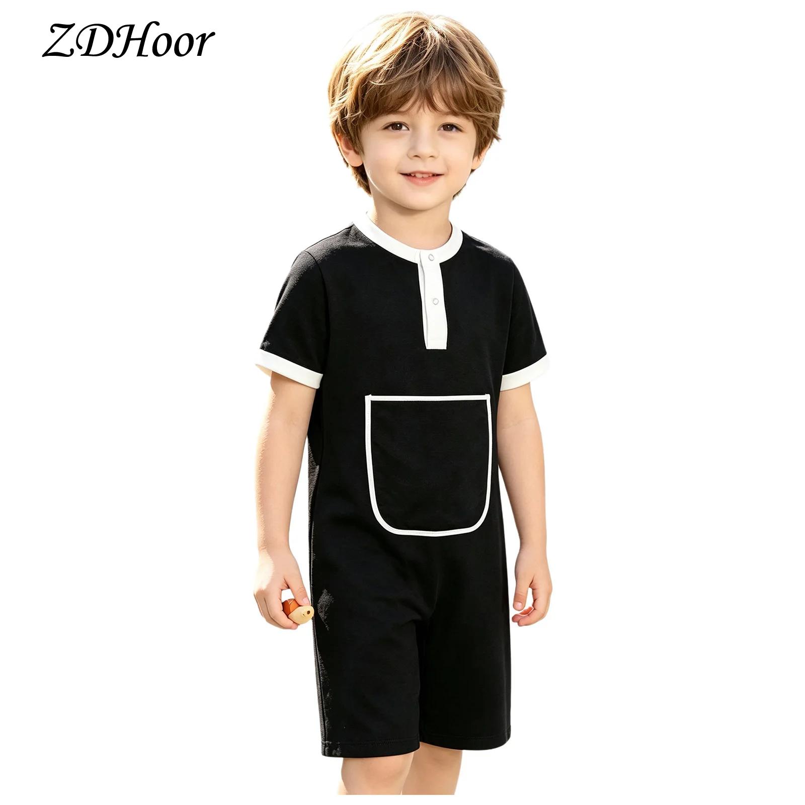 Summer Clothing Needs - ชุดจั๊มสูทเด็กชายเด็กหญิงแบบกดกระดุม มีกระเป๋าด้านหน้าและซิปด้านหลัง เสื้อผ้าสำหรับเด็กที่มีความต้องการพิเศษ ชุดบอดี้สูทแขนสั้น