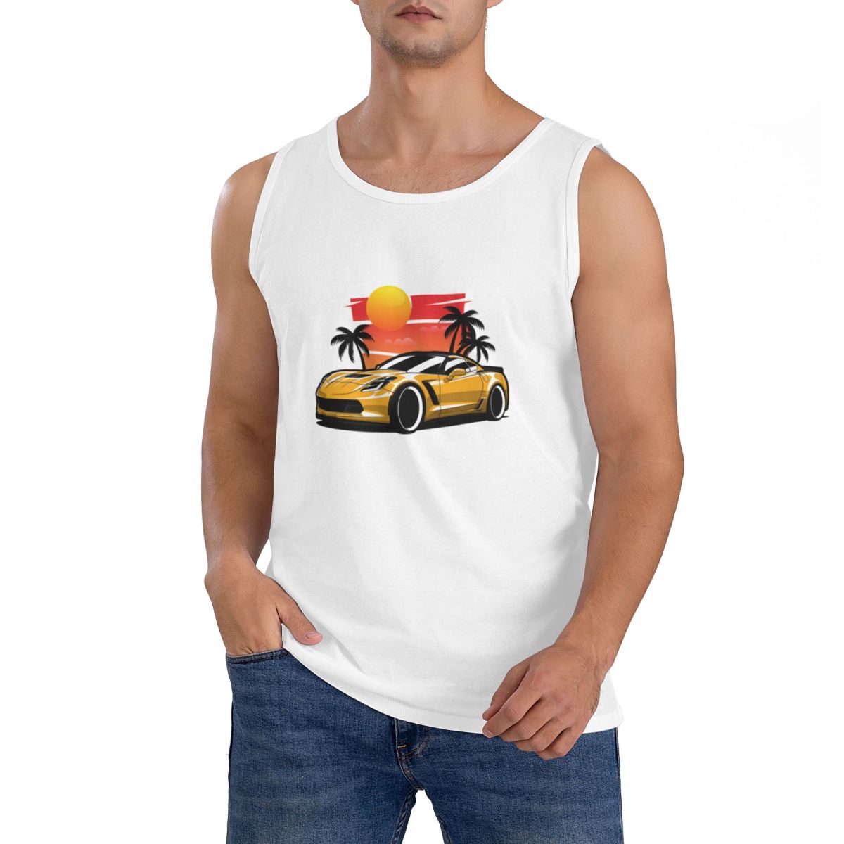 Yellow Summer Clothing - ผ้าฝ้าย 100% สีเหลืองคอร์เวทท์ Z06 ซันเซ็ท พาล์มส์เสื้อยืดแขนกุดผู้ชายออกกำลังกายเสื้อผ้ากีฬาเสื้อผู้ชายเสื้อกล้ามคอกลม