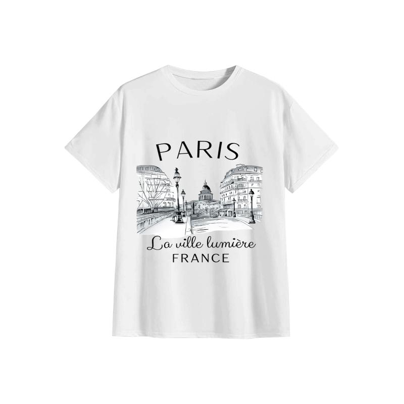 Summer Clothing In Paris - เสื้อยืดลายพิมพ์ปารีส ยุค 90 สำหรับผู้หญิง เสื้อยืดแขนสั้น คอกลม