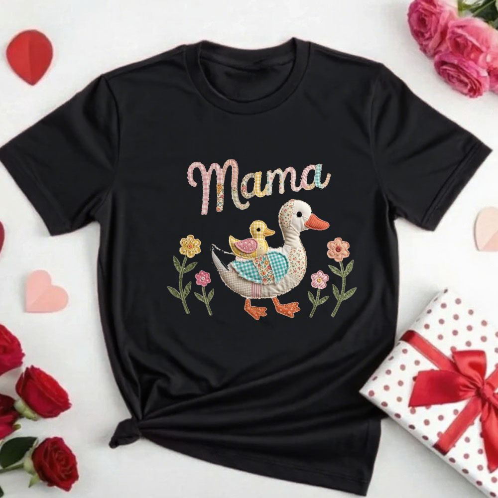 Summer Duck Clothing - เสื้อยืดผู้หญิงลายเป็ดแม่บ้านสไตล์แพทช์เวิร์ค ผ้าฝ้าย แขนสั้น ลำลอง โบโฮ สำหรับคุณแม่