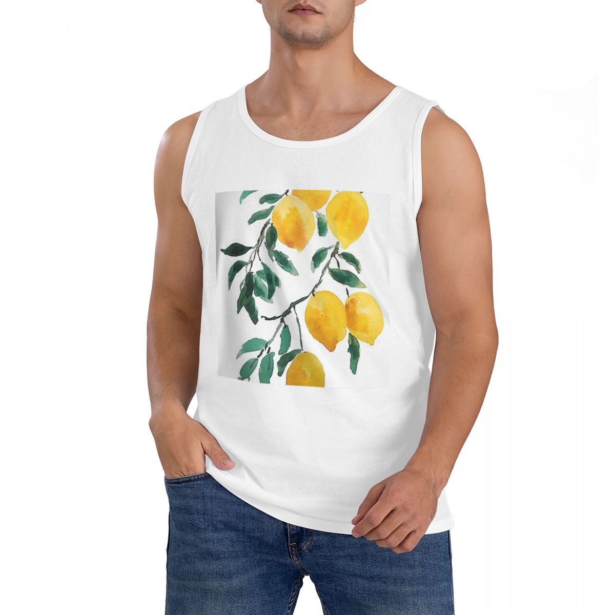 Yellow Summer Clothing - ผ้าฝ้าย 100% ลายวาดด้วยมือสีเหลืองเลมอน เสื้อยืดแขนกุดผู้ชาย ออกกำลังกาย เสื้อผ้ากีฬา