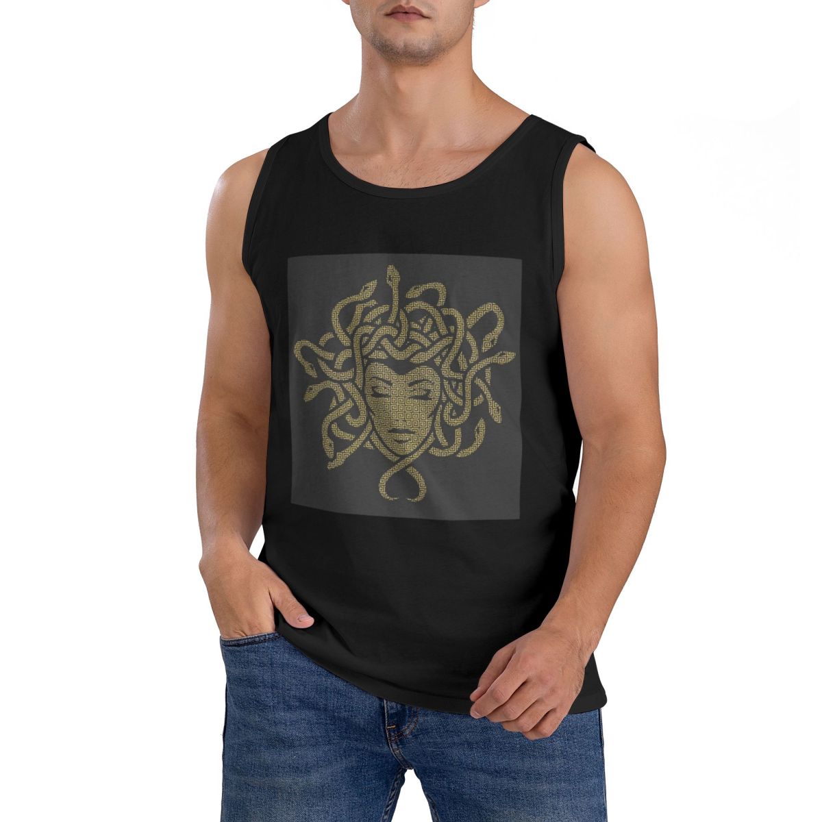 Summer Clothing For Greece - ผ้าฝ้าย 100% กรีกโบราณเมดูซ่า กอร์กอนสไตล์วินเทจเสื้อยืดแขนกุดผู้ชายออกกำลังกายเสื้อผ้ากีฬาเสื้อผู้ชายเสื้อกล้ามคอกลม