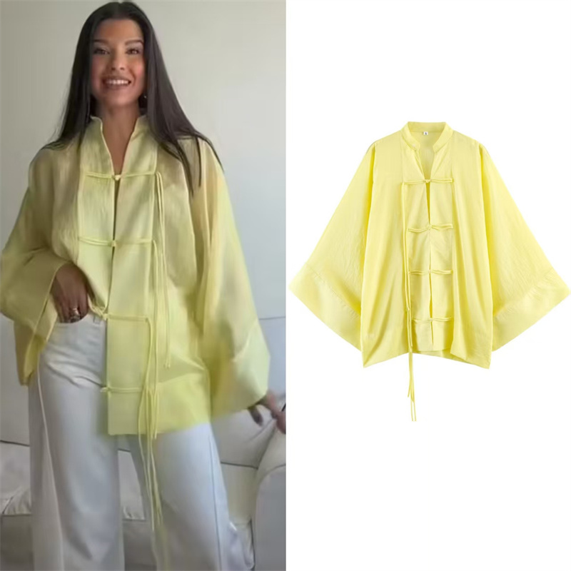 Yellow Summer Clothing - เสื้อเชิ้ตผู้หญิง 2026 รุ่นใหม่สำหรับฤดูร้อน สีเหลือง แขนยาว แต่งกระดุมผูกโบว์