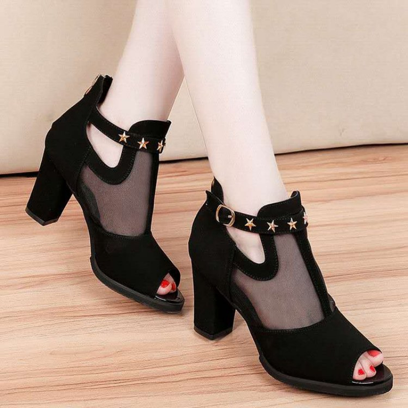 Summer Clothing Korea - รองเท้าส้นสูงแบบเปิดนิ้วเท้า สไตล์ตาข่าย ประดับดาว สายรัดข้อเท้า พื้นหนา เหมาะสำหรับใส่ทำงาน
