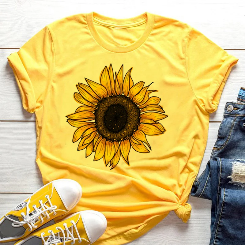Yellow Summer Clothing - เสื้อยืดผู้หญิงสีเหลืองลายดอกทานตะวันและผึ้ง ดีไซน์สวยงาม แขนสั้น เสื้อยืดกราฟิกแฟชั่นสตรีทแวร์ฤดูร้อนสไตล์ Y2K