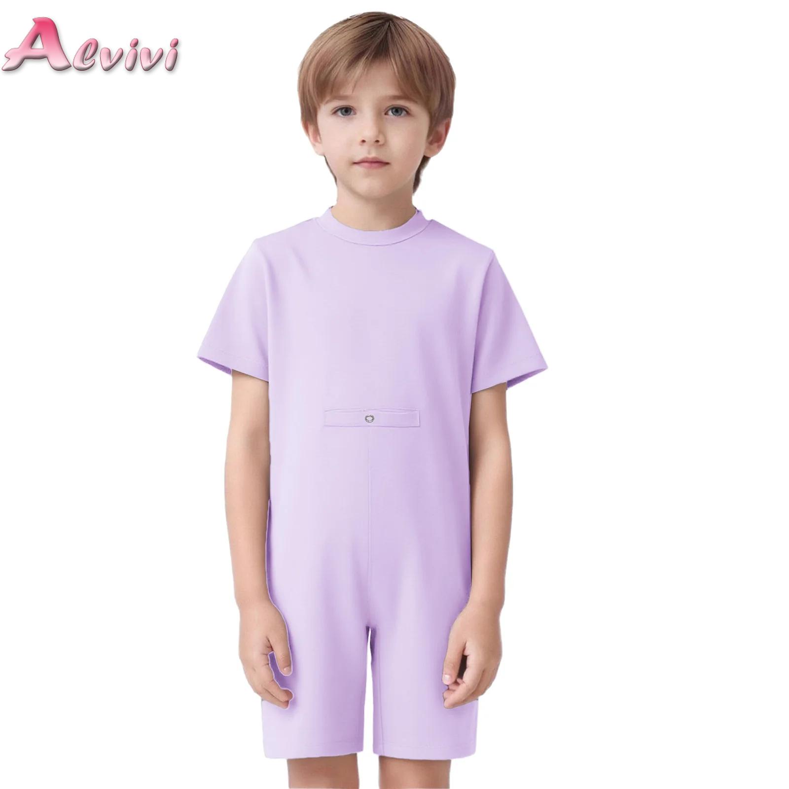 Summer Clothing Needs - ชุดจั๊มสูทแขนสั้นสำหรับเด็กที่มีความต้องการพิเศษ แบบรอมเปอร์ป้องกันการเปิดเผยส่วนตัว พร้อมช่องสำหรับใส่สายยาง