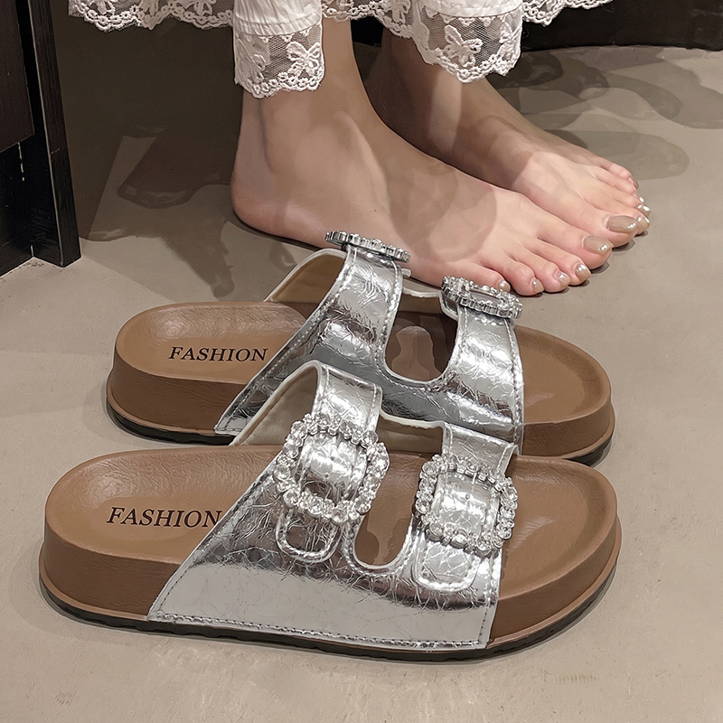 รองเท้าแตะส้นหนาประดับคริสตัลท - Summer Clothing Korea บทวิจารณ์และราคา