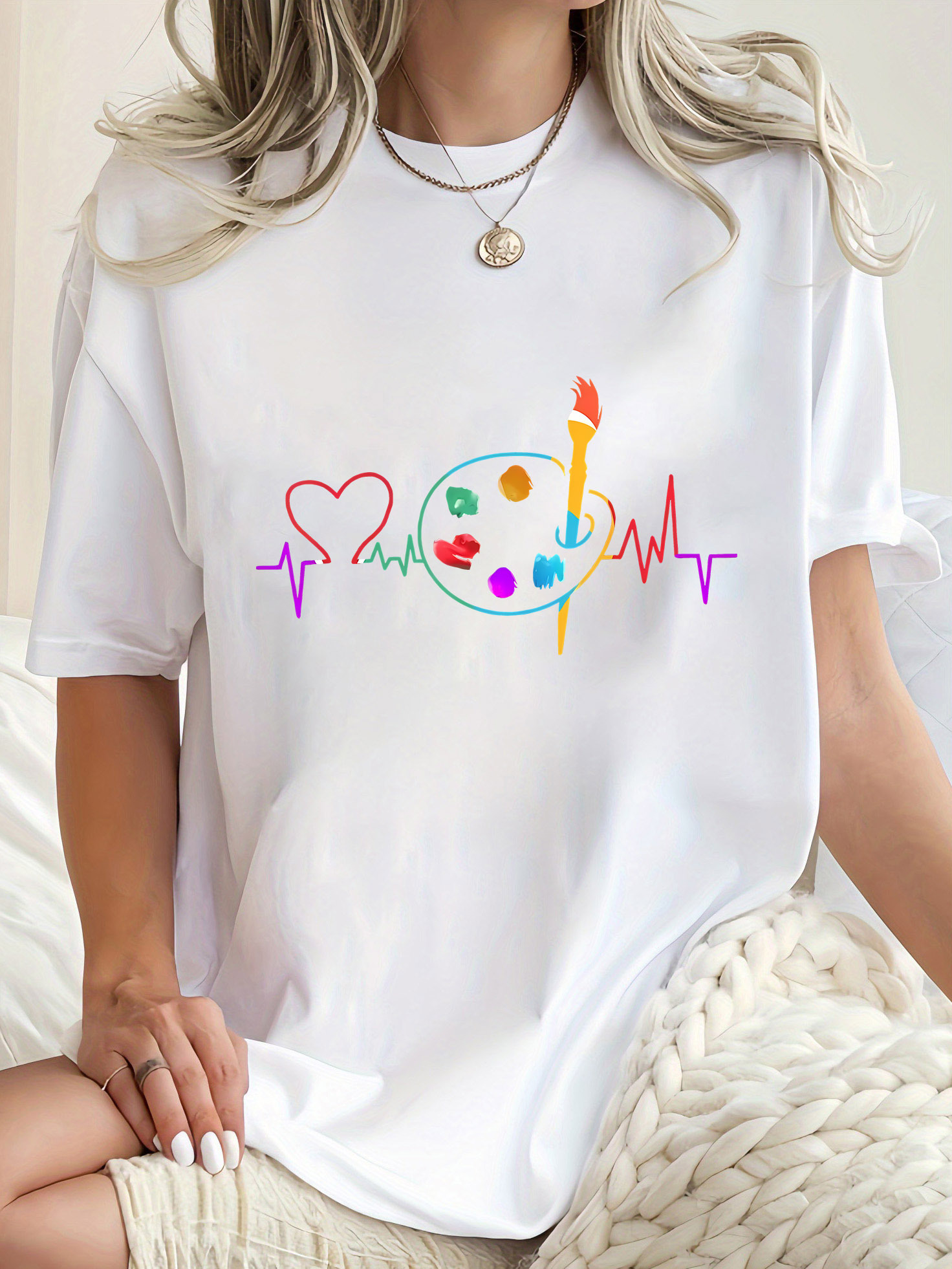 เสื้อยืดคอกลมลําลองสตรีเรขาคณิ - Summer Clothing Palette บทวิจารณ์และราคา